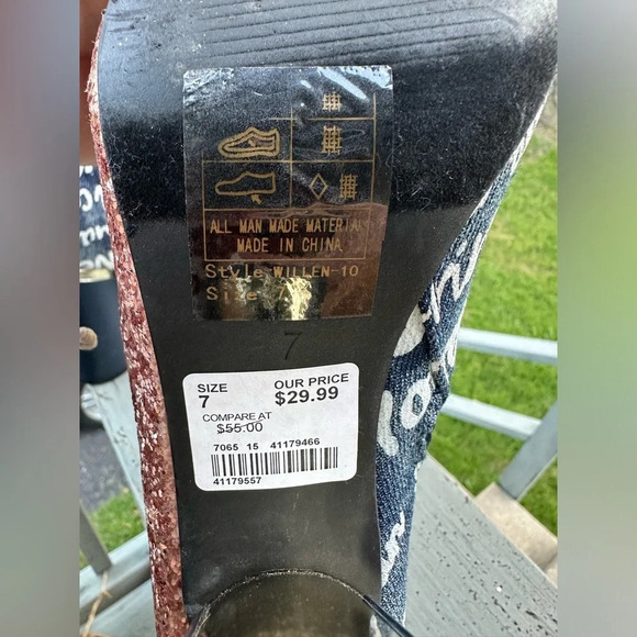 YOKI Willen Rose Gold Glitter Denim Graffiti Cylinder Heel Zip Ankle Boot 7 WILD - Picture 8 of 14